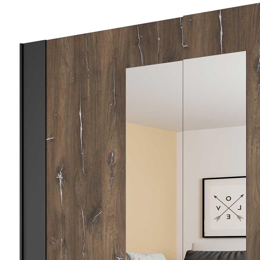 Moderner Kleiderschrank mit dunkler Holzmaserung, großer Spiegelfront und seitlichen schwarzen Blenden – Rose