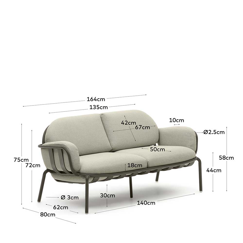 Gartensofa in Graugrün aus Metall Maße und Abmessungen für 2 Personen – Ocna