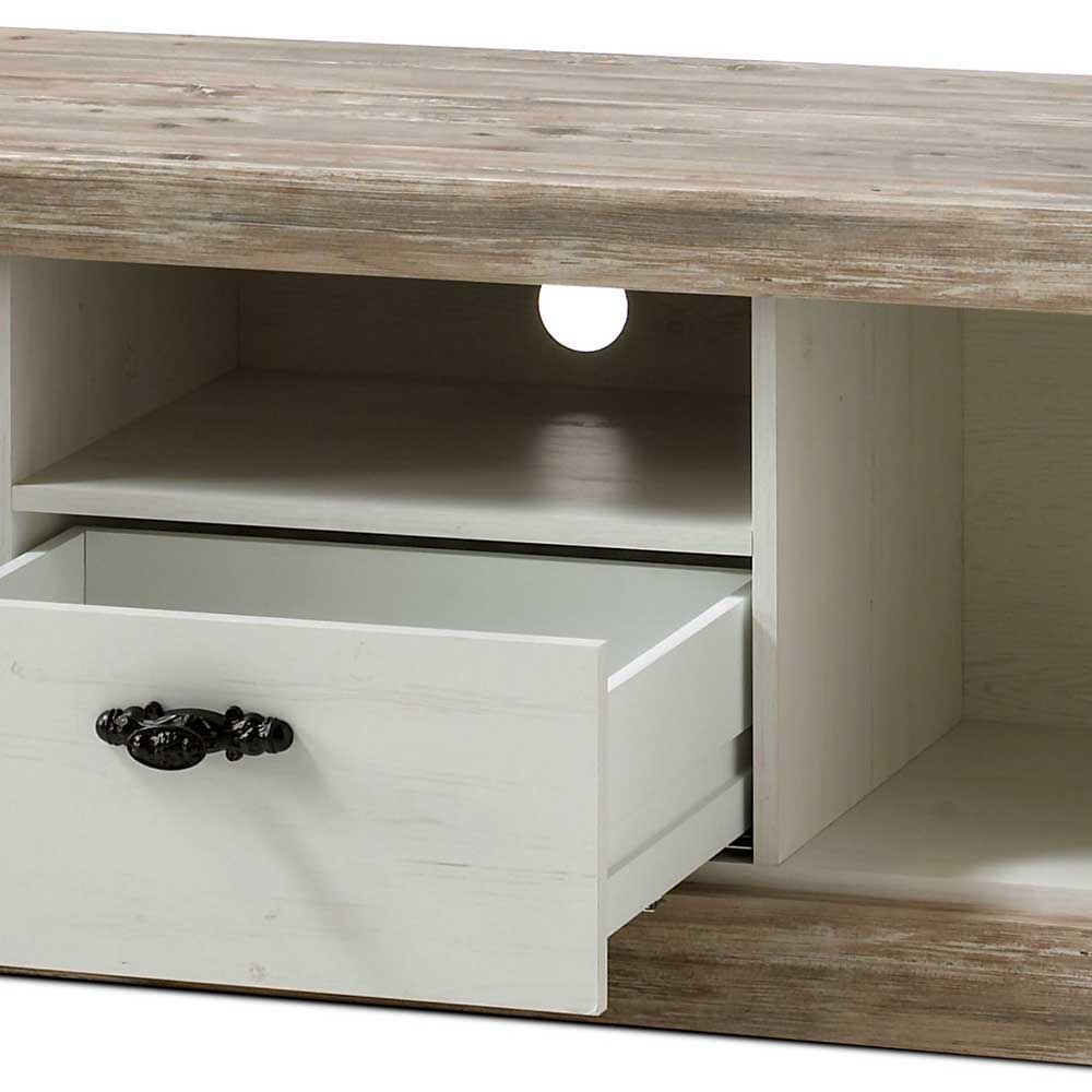 Landhaus TV Board in Weiß & Pinie Shabby Nedita 156 cm breit