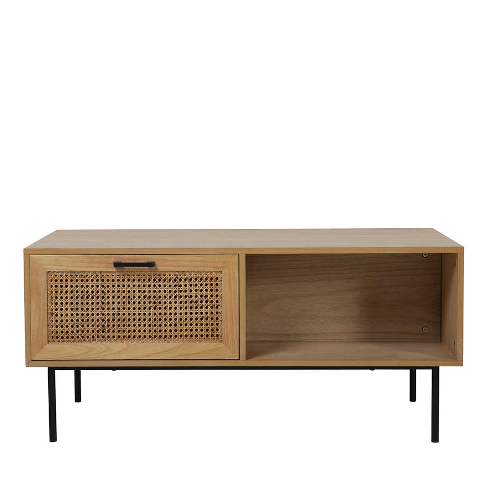 Skandi Couchtisch aus hellem Holz mit Rattan-Geflecht und offenem Fach auf schwarzen Beinen – Esholda