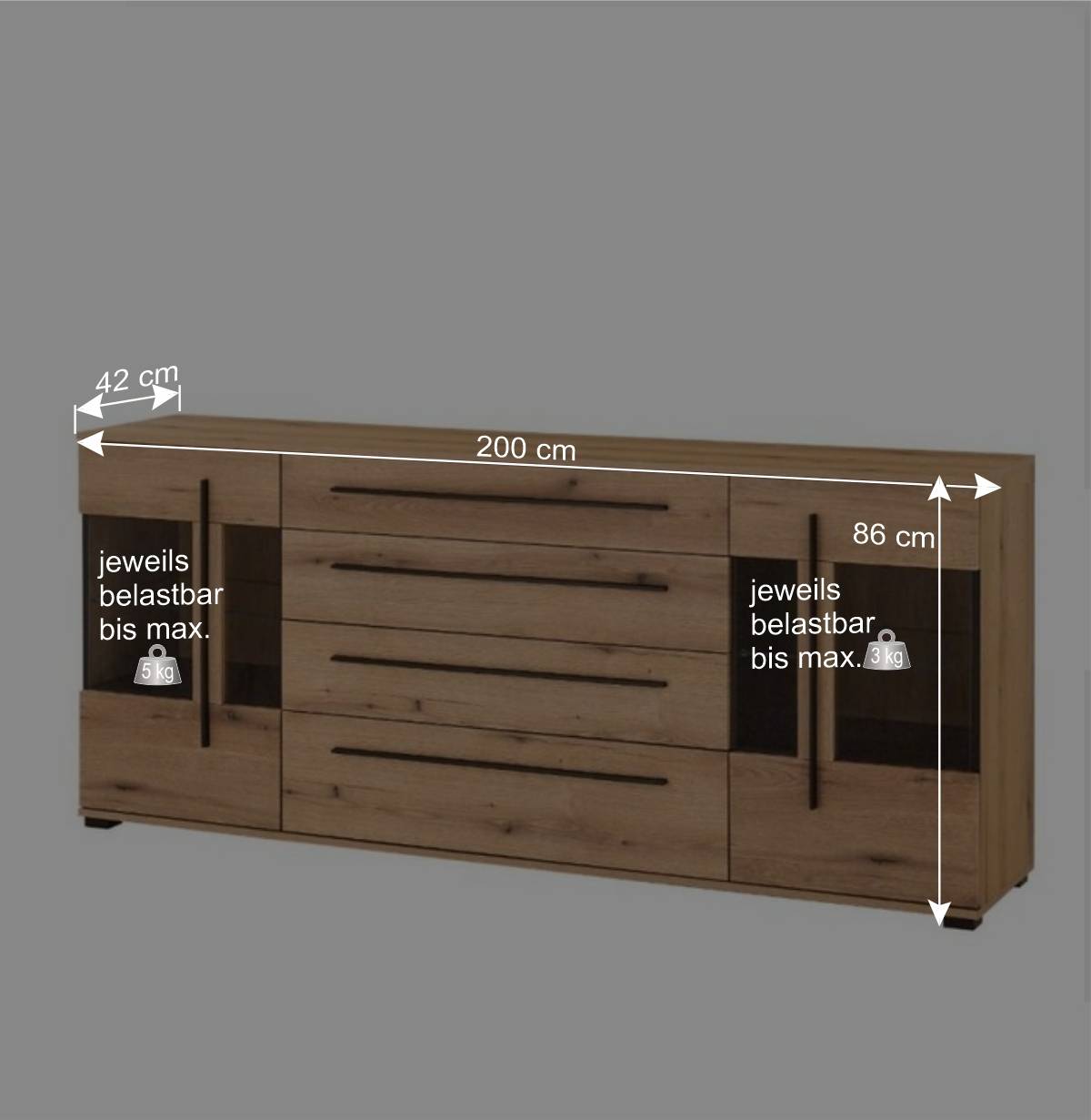 200 cm Sideboard mit Glaseinsätzen - Brocus