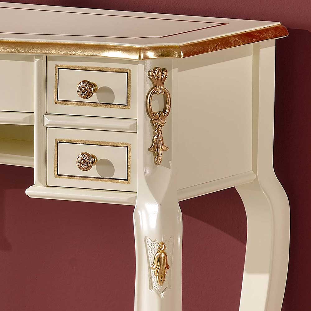 Cremefarbener Barock Konsoltisch mit kunstvollen goldenen Verzierungen und Griffen – Iviada