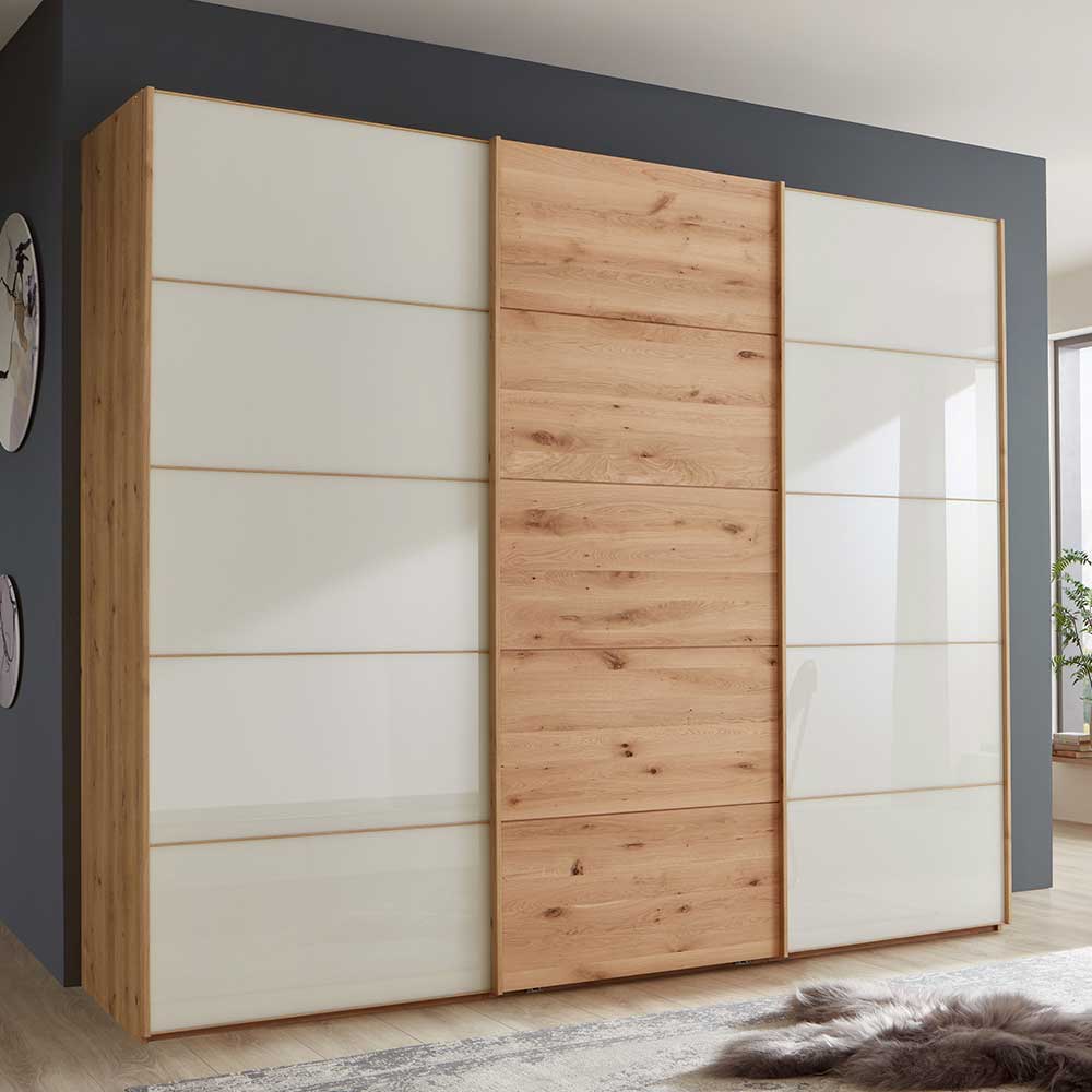 Großer Schwebetürenschrank in Holzoptik und Weiß mit drei Schiebetüren für Schlafzimmer – Nikoba