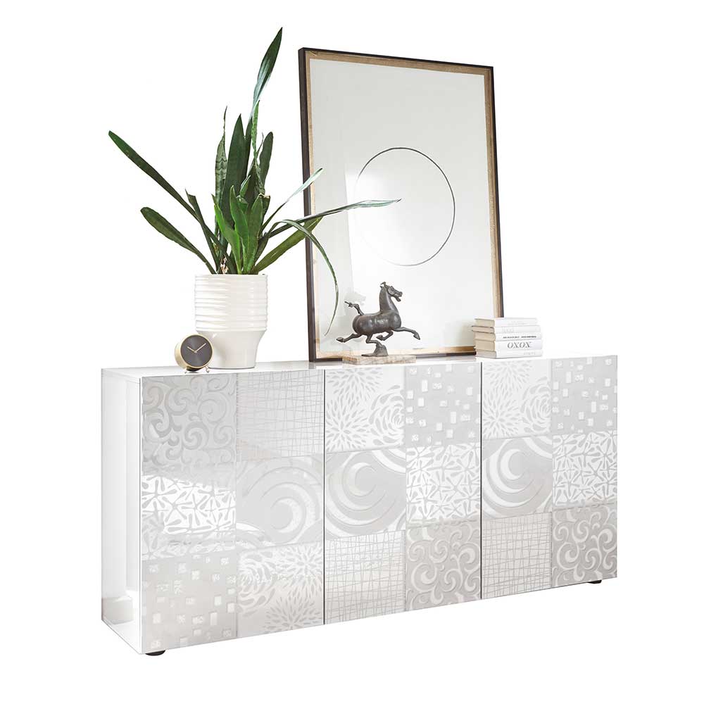 Weißes Hochglanz Sideboard mit bedruckten Türen als elegante Anrichte – Vascaub