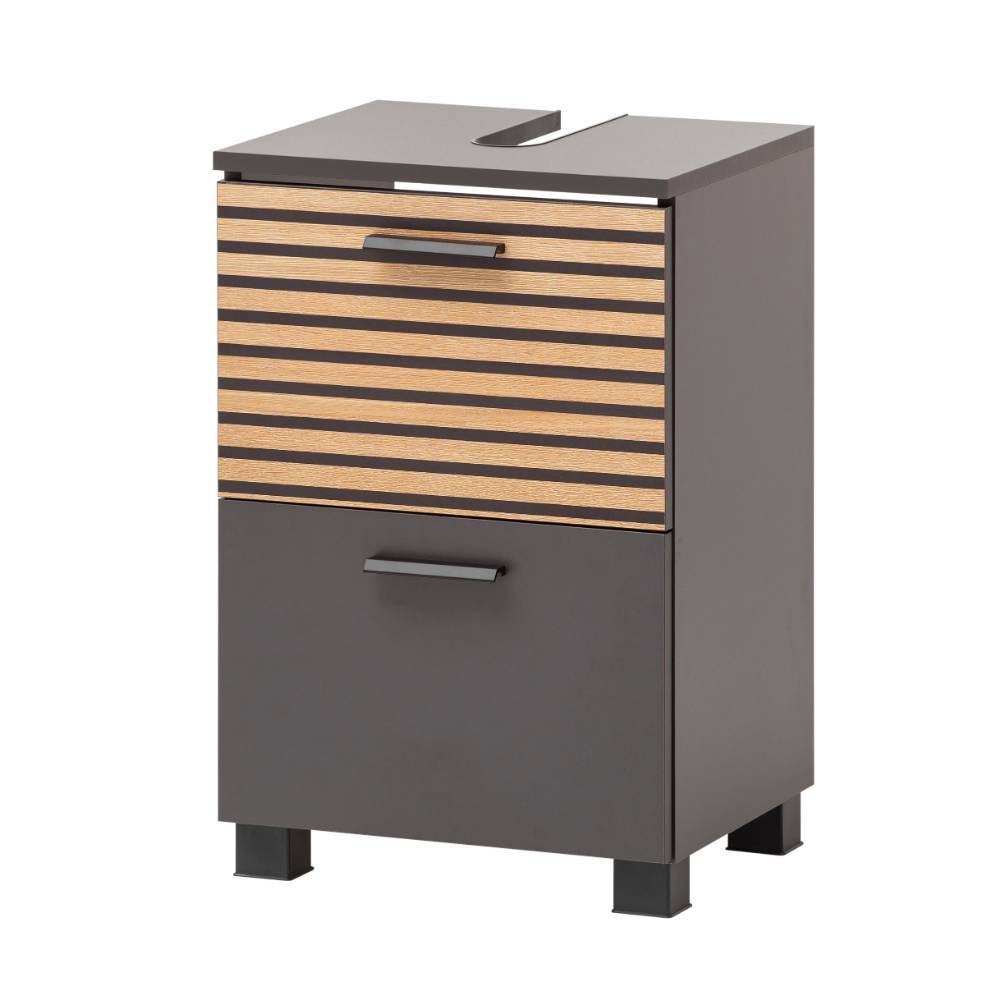 Moderner Waschtischunterschrank 40cm in Anthrazit mit Holzlamellen und Griffen – Zyrian