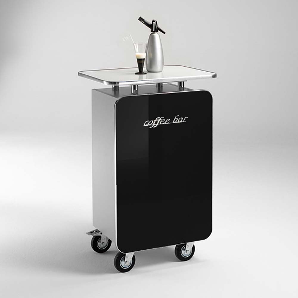 Rolltheke Kaffeebar mobil mit schwarzer Front und Milchglasplatte – Gertrica