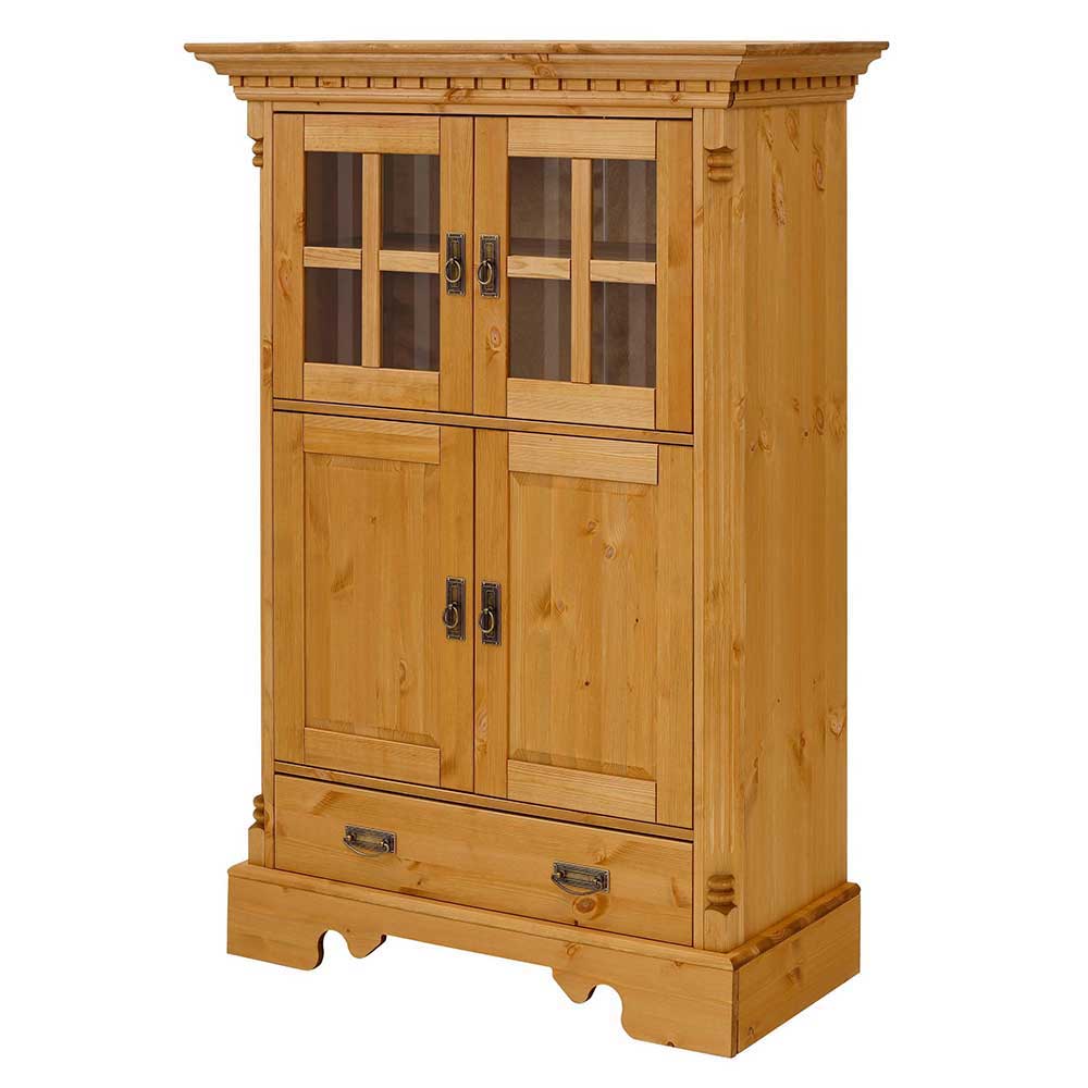 Rustikales Landhaus Highboard aus massiver Kiefer mit Glastüren und Holztüren – Fausanda