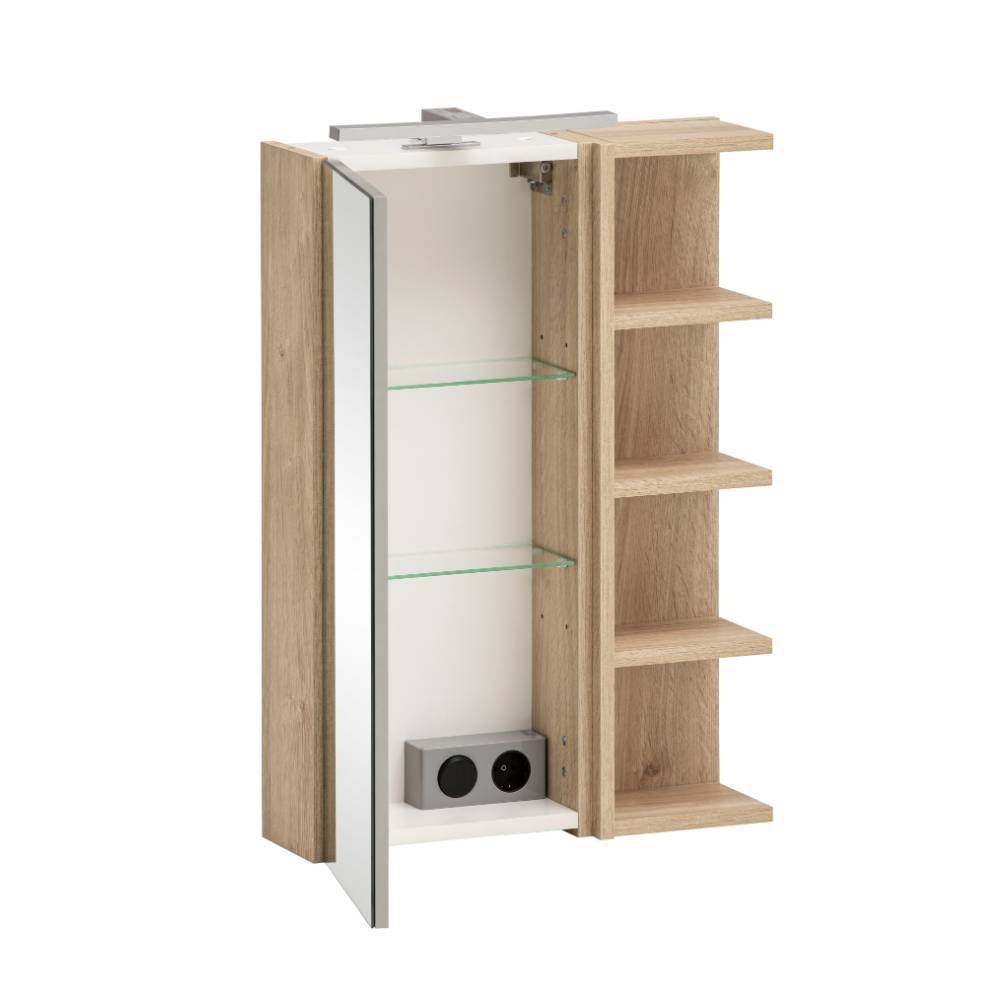 Bad-Spiegelschrank 50 cm breit mit offener Spiegeltür, Glasböden und offenen Holzregalen – Opal