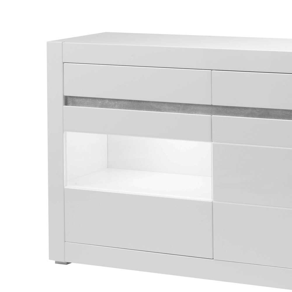Hochglanz Sideboard in Weiß mit 2 Glaseinsätzen Mextra & Beton Dekor