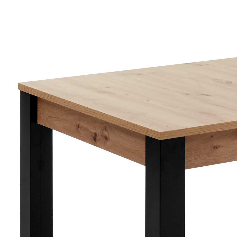 Detail der Tischplatte in heller Eiche mit schwarzem Tischbein und Zarge in Holzoptik – Finronas
