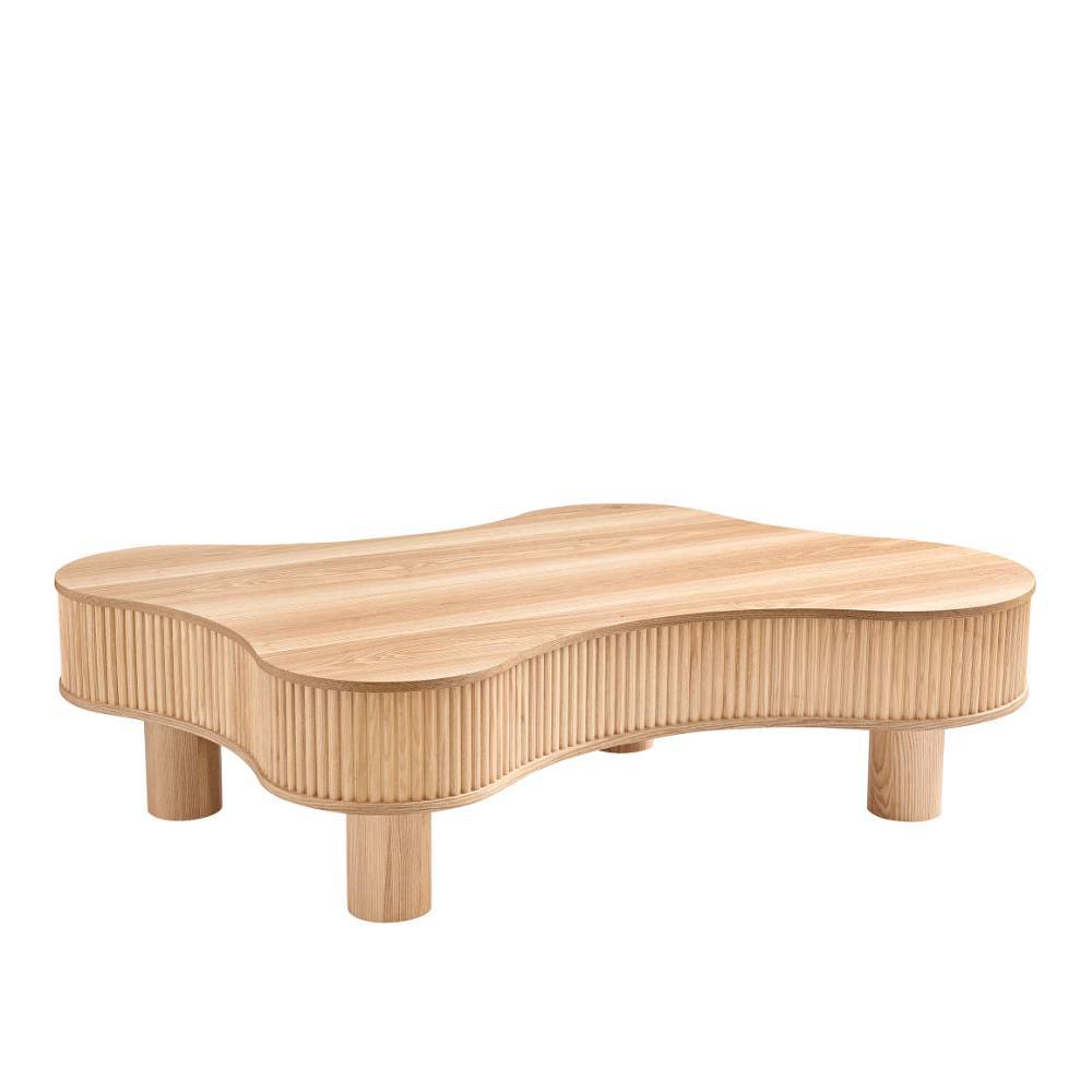 Design Sofatisch in Esche Natur Furnier mit geschwungener Platte und gerilltem Korpus – Olcian