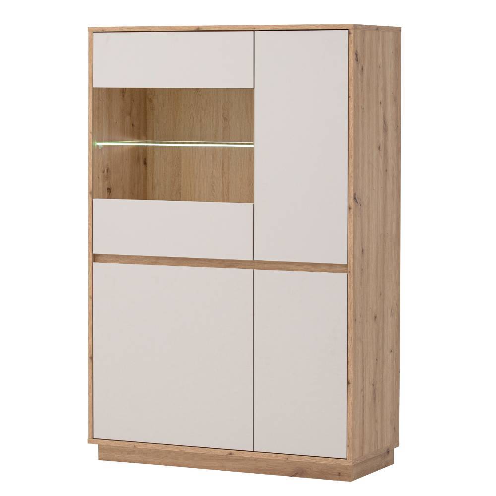 Highboard Vitrine in Wildeiche Holzoptik und Weiß mit Glastür und integrierter LED-Beleuchtung – Spain