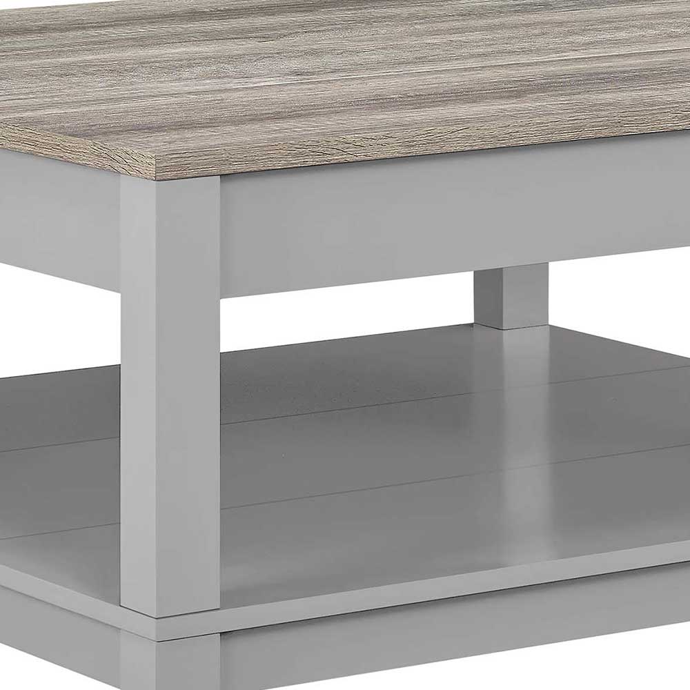 Couchtisch mit verwitterter Holzoptik-Platte, robustem grauem Rahmen und Ablageboden – Likening