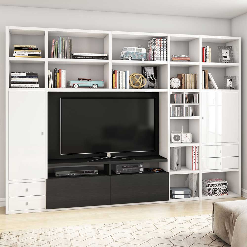 310 cm breites Regal mit TV Board in Weiß - Lino