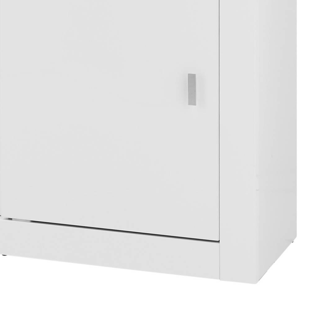 Unterer Bereich des weißen Sideboards mit Schiebetür und schlichtem silbernen Griff – Memphys