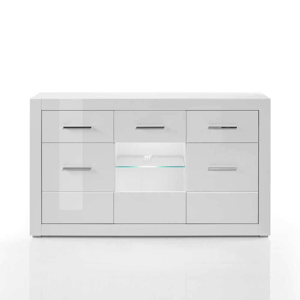 3-türiges Sideboard in Hochglanz Weiß & Glas Yulis mit 2 Schubladen