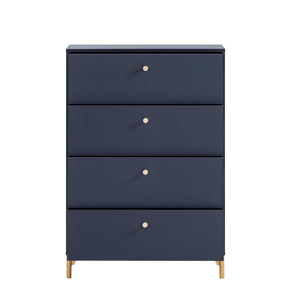 Dunkelblaue Schlafzimmerkommode mit vier Schubladen und eleganten Metallfüßen – Inbano