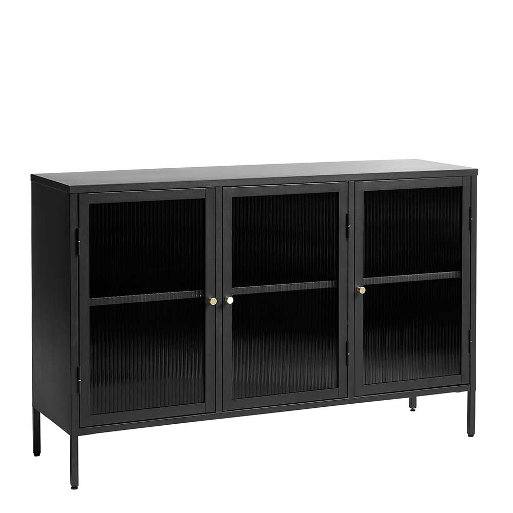 Schwarzes Sideboard mit drei geschlossenen Türen aus gerilltem Glas und Metallfüßen – Gulliver