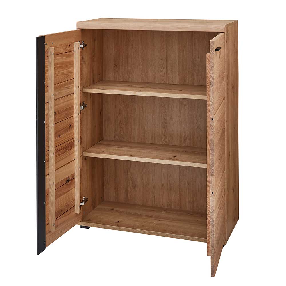 Geöffneter Ordnerschrank mit drei Einlegeböden und heller Holzoptik – Emly