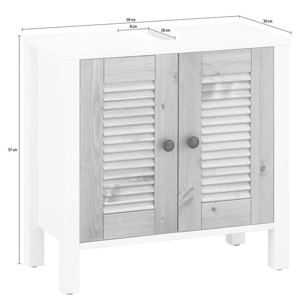 Waschtischunterschrank Maße und Abmessungen mit Lamellentüren, 59 cm breit, 57 cm hoch – Zavieca