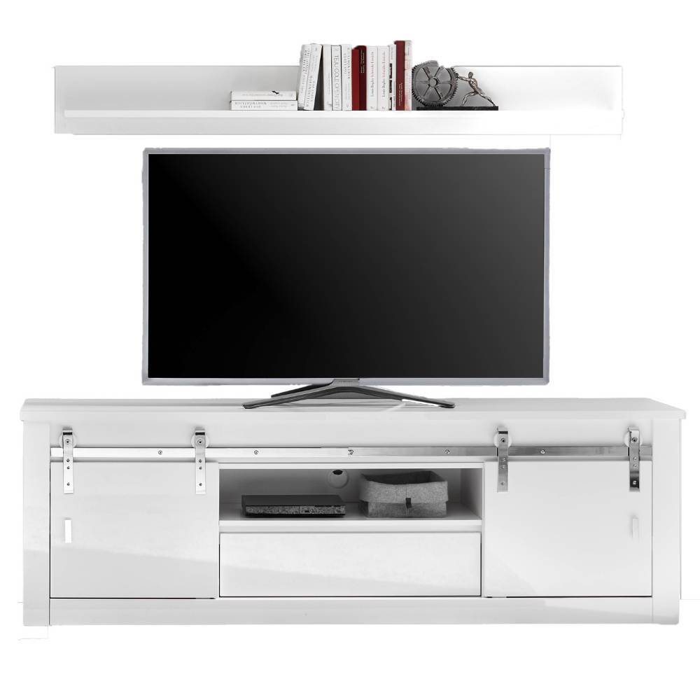 Weißes TV-Lowboard mit Schiebetüren, Schublade und Wandregal für den Fernseher – Memphys