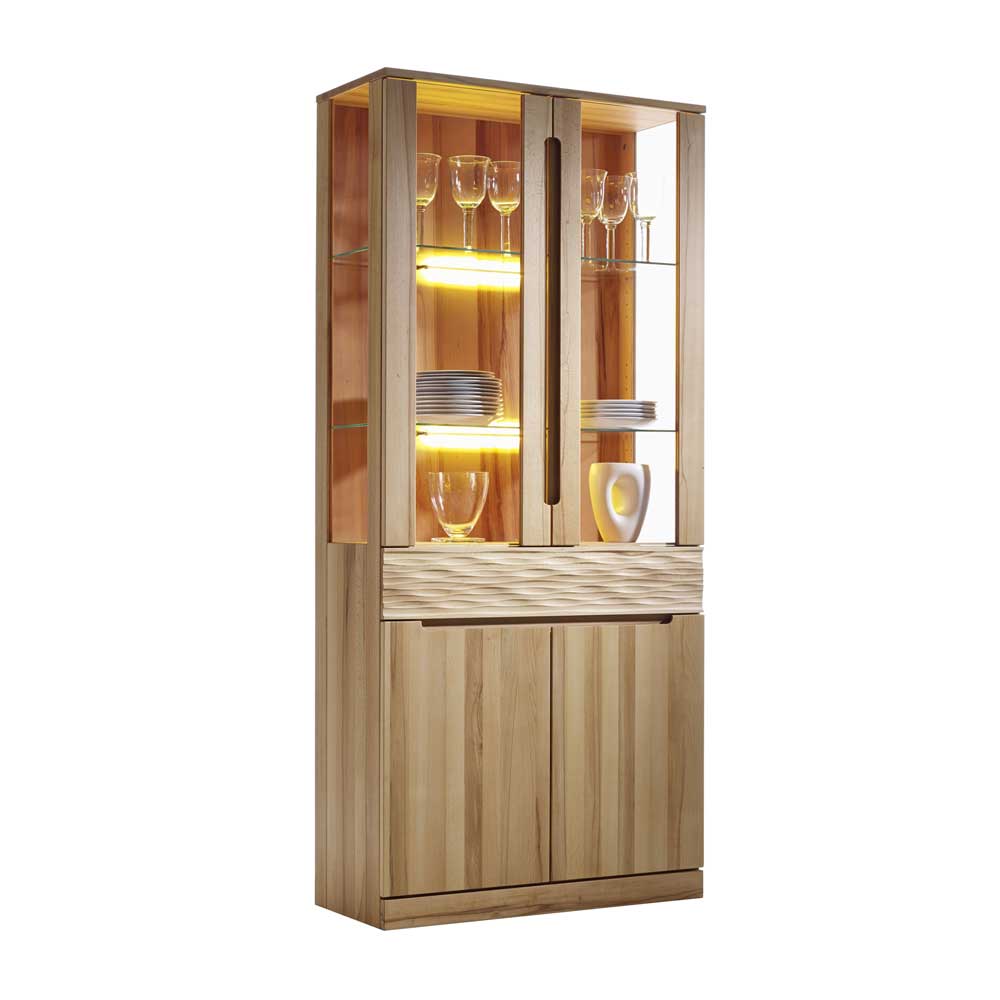 Ganze Standvitrine aus massiver Kernbuche mit Glas- und Holztüren sowie beleuchteten Fächern – Wahano
