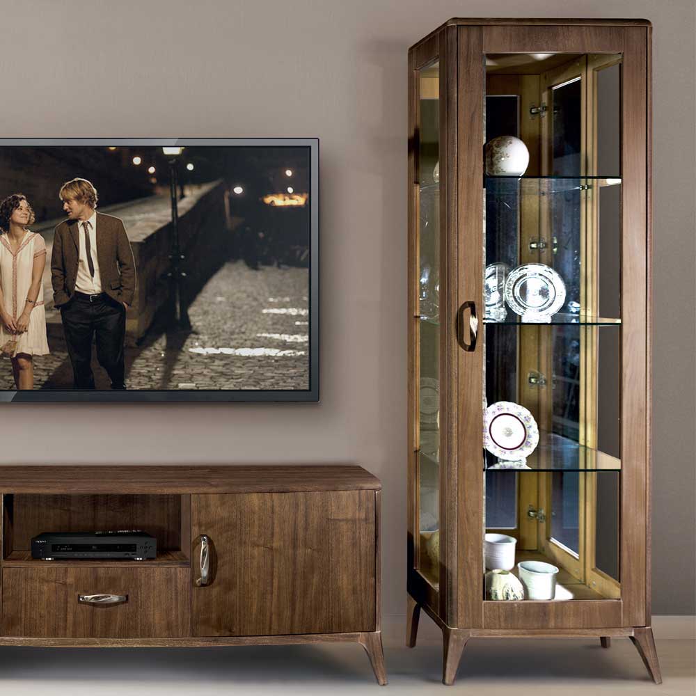 Stilvolle Wohnwand dreiteilig mit Vitrine und TV-Lowboard aus dunklem Nussbaumholz für das Wohnzimmer – Gralaz