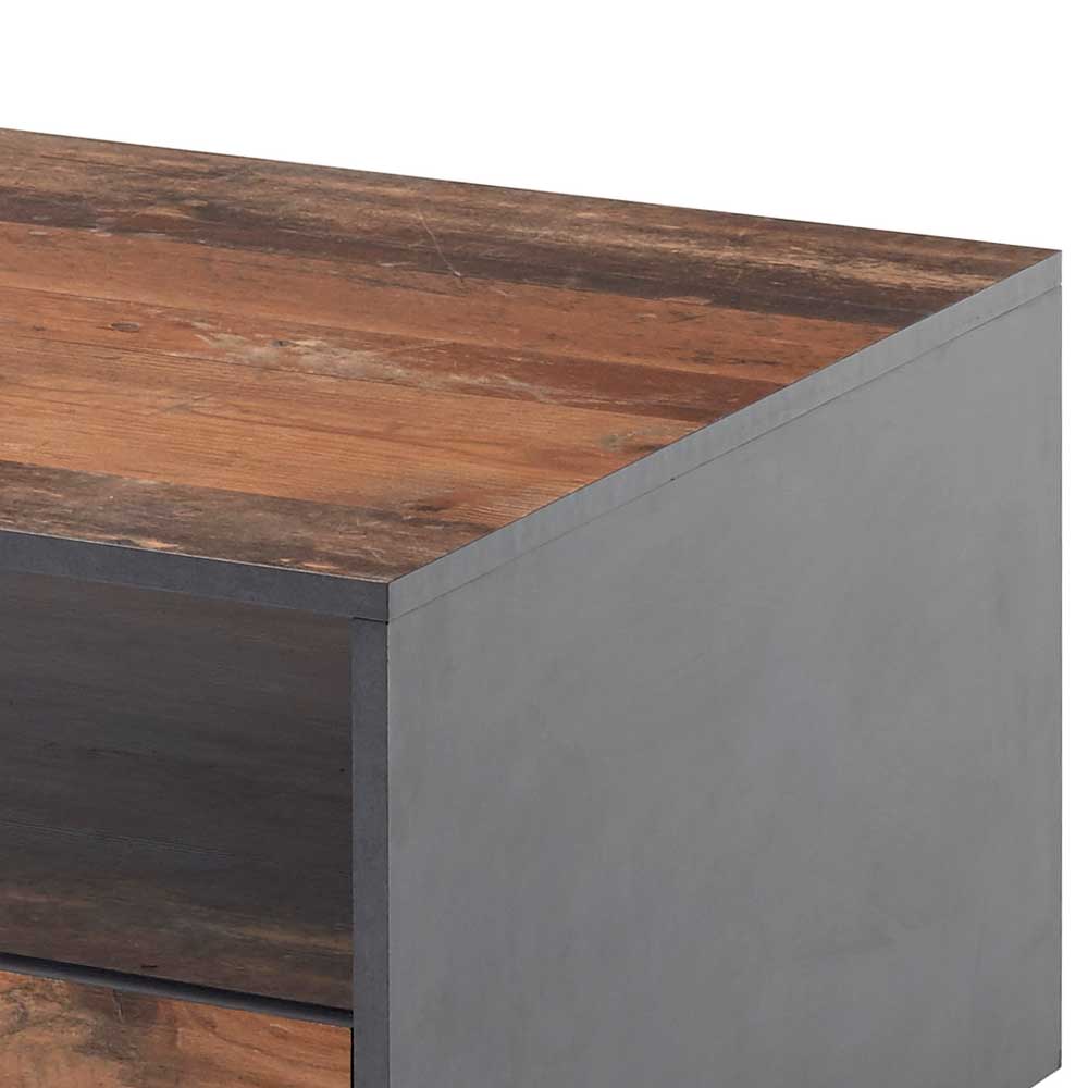 Rustikale Holzoptik-Oberfläche und graue Betonoptik-Seitenwand des Beistelltisches – Lavaco