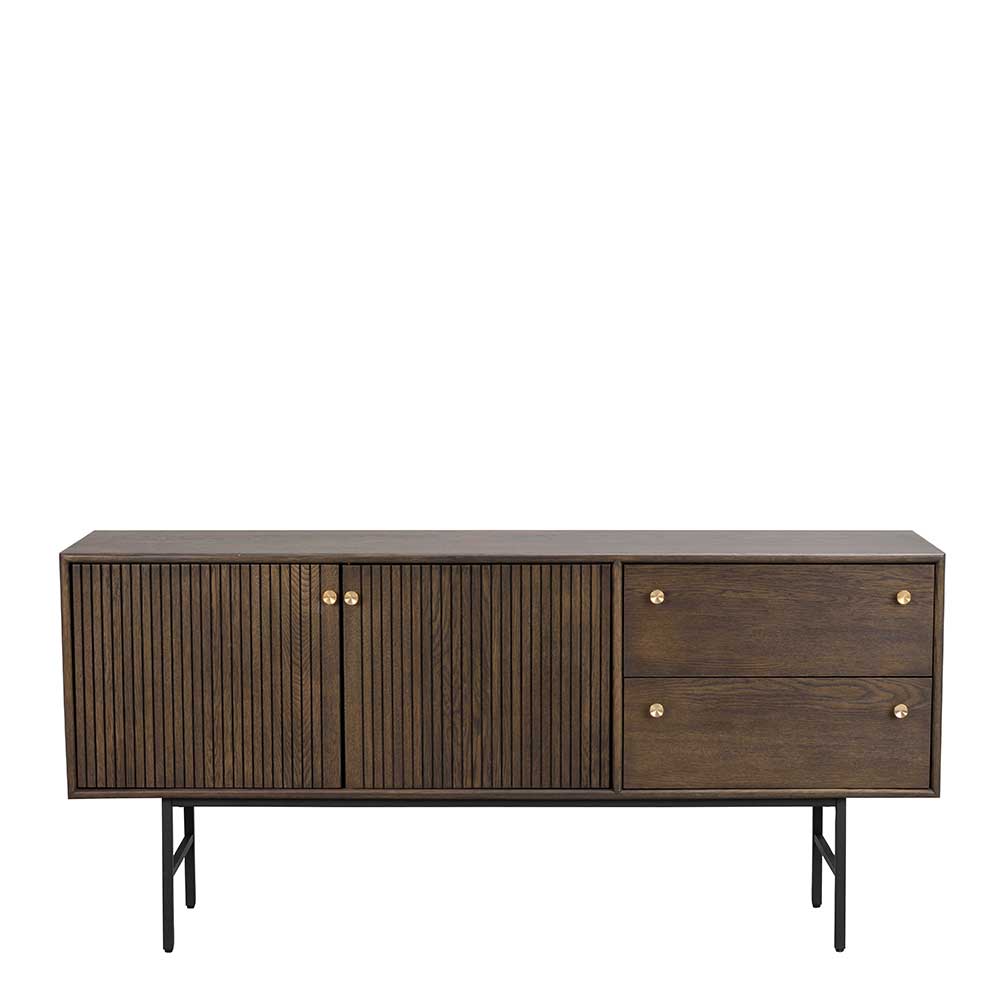 Modernes Sideboard aus dunkler Eiche mit Lamellenfront und zwei Schubfächern auf Metallfüßen – Cuzliav