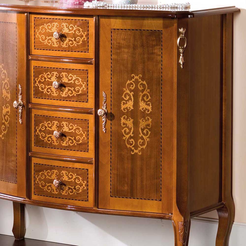 Elegante Nussbaum Kombikommode mit vier Schubladen und einer Tür, feine Intarsien und goldene Griffe Natale