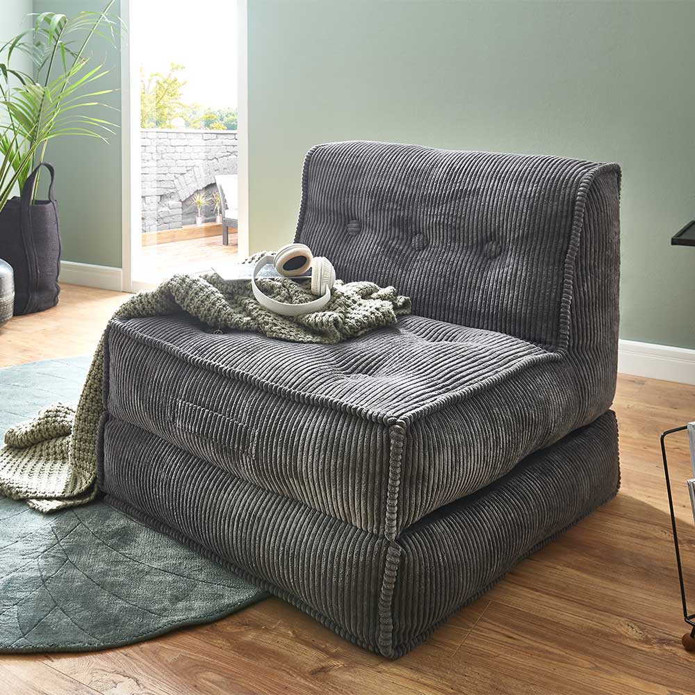 Grauer Cord Megasessel ohne Armlehnen als bequemer Loungesessel im Wohnzimmer – Curedo