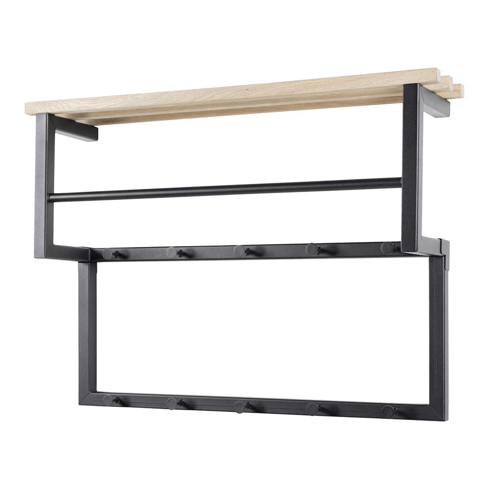 Industrial Wandgarderobe aus schwarzem Stahl mit heller Holzablage und Kleiderhaken – Lundreo