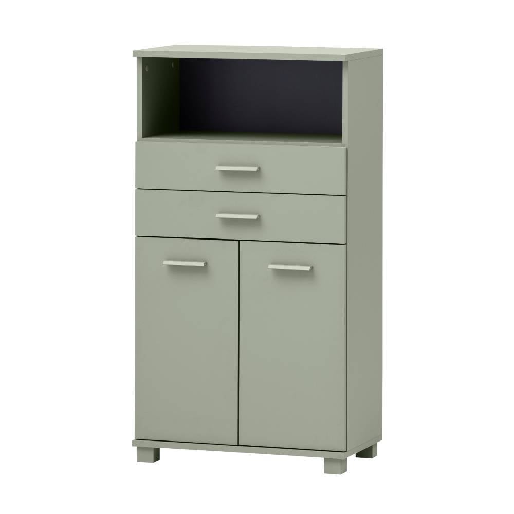 Graugrünes Badezimmer Highboard mit zwei Schubladen und zwei Türen geschlossen – Holin