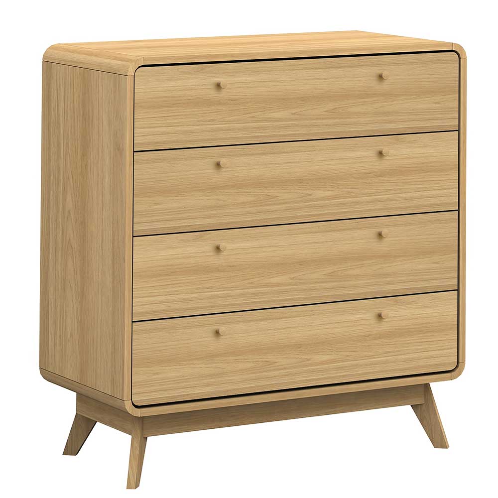 Moderne Holzkommode mit vier Schubladen und gerundeten Ecken, schräg von vorne – Sophiea