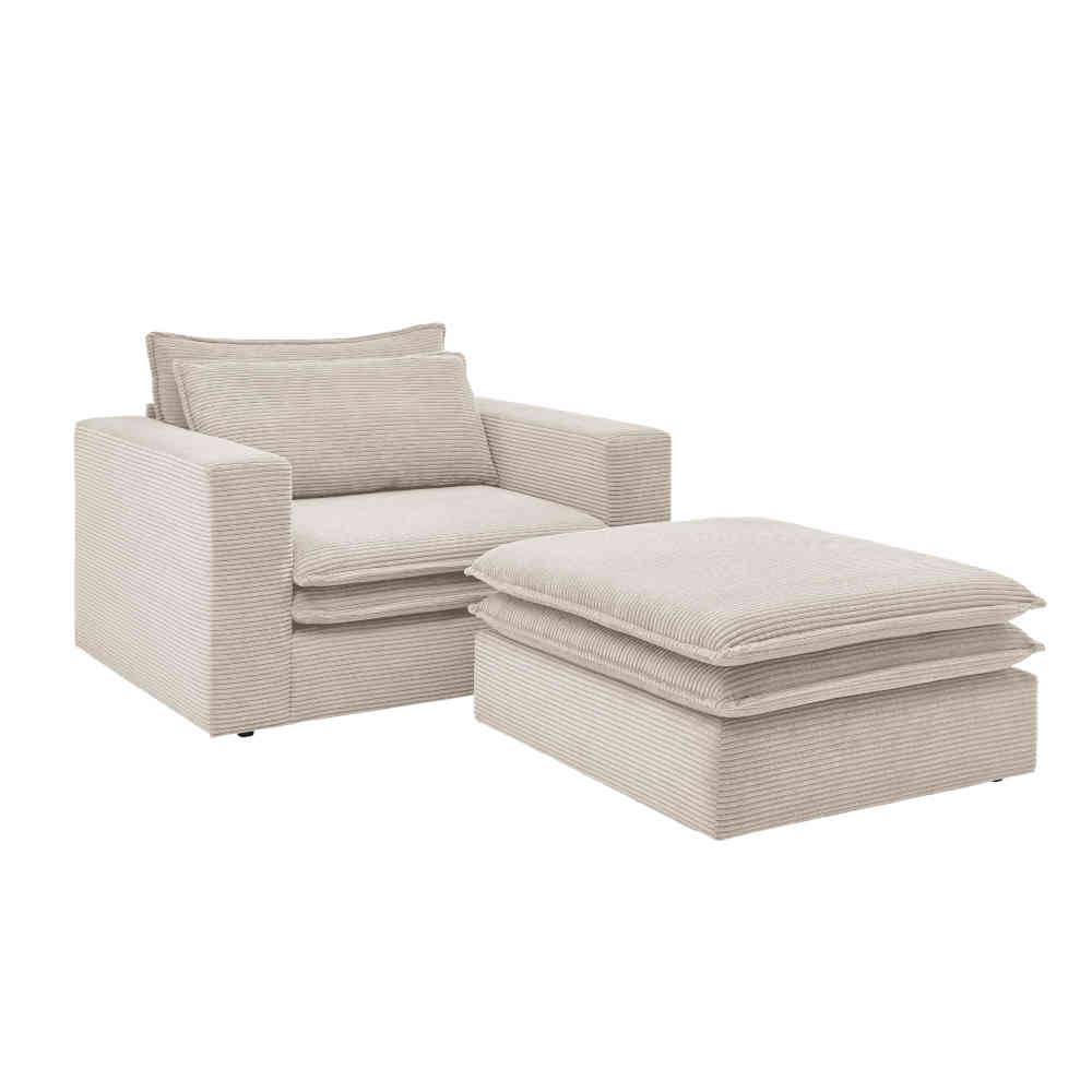 Beiges Big Sessel mit Hocker Set zweiteilig in geripptem Cordstoff für das Wohnzimmer – Jony