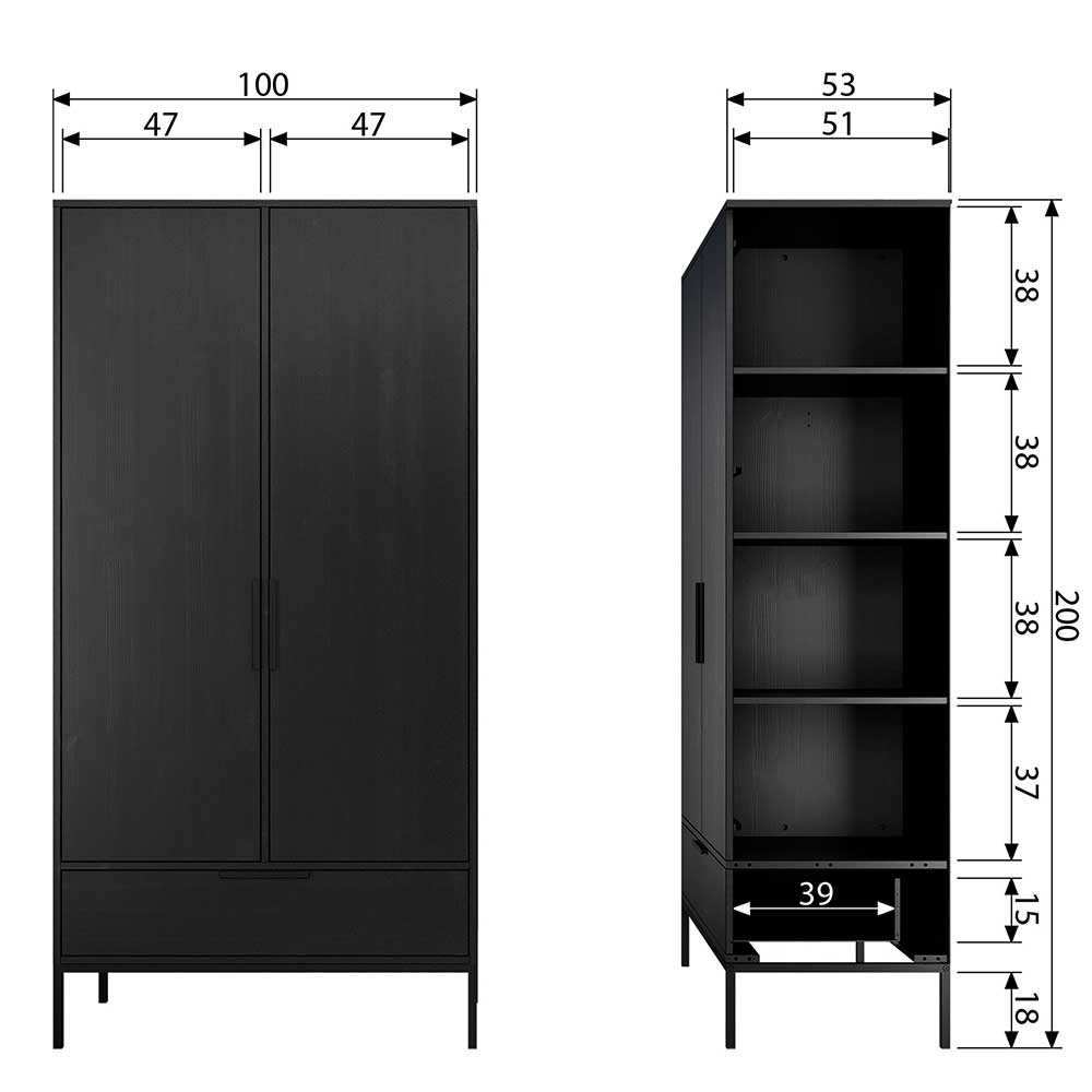 100x200x53 Schrank aus Kiefer in Schwarz - Drian