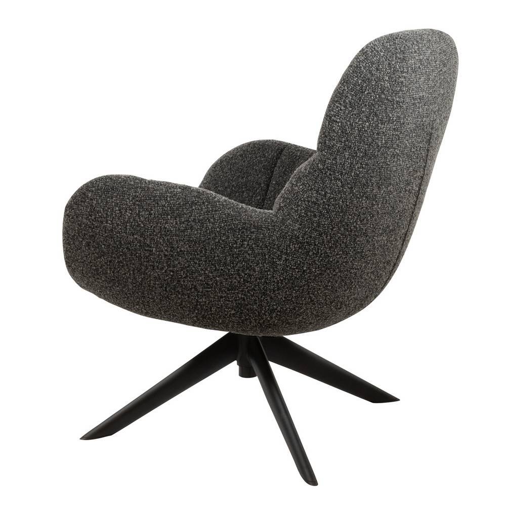 Moderner Anthrazit Boucle Loungesessel mit drehbarem Metallfuß von der Seite – Maximiliano