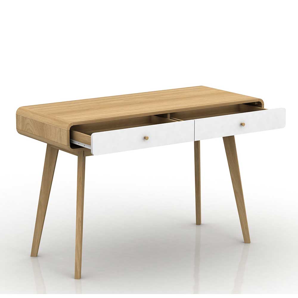 Schreibtisch 120x50 cm in Naturfarben Holz Optik mit zwei offenen weißen Schubladen – Jendren