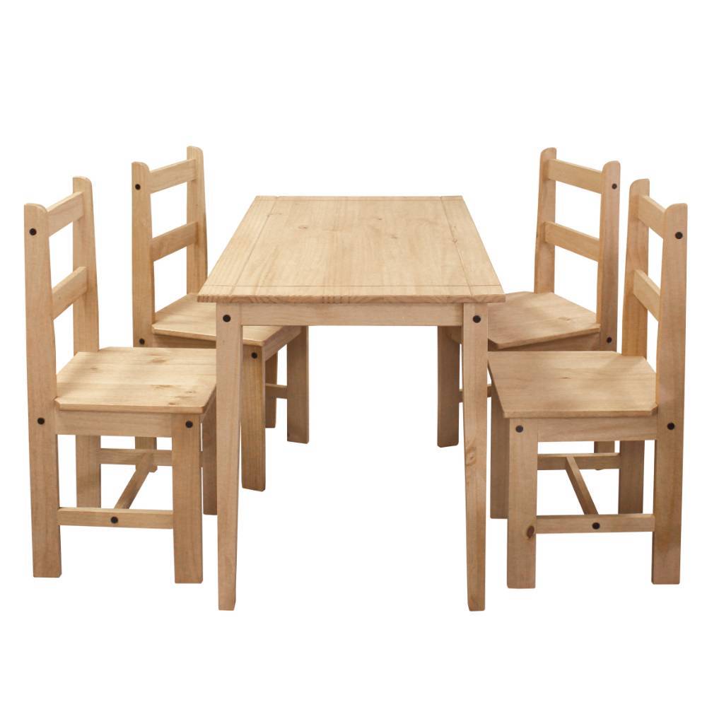 Essgruppe aus hellem Kiefer Massivholz mit rechteckigem Tisch und vier Holzstühlen – Luzifania