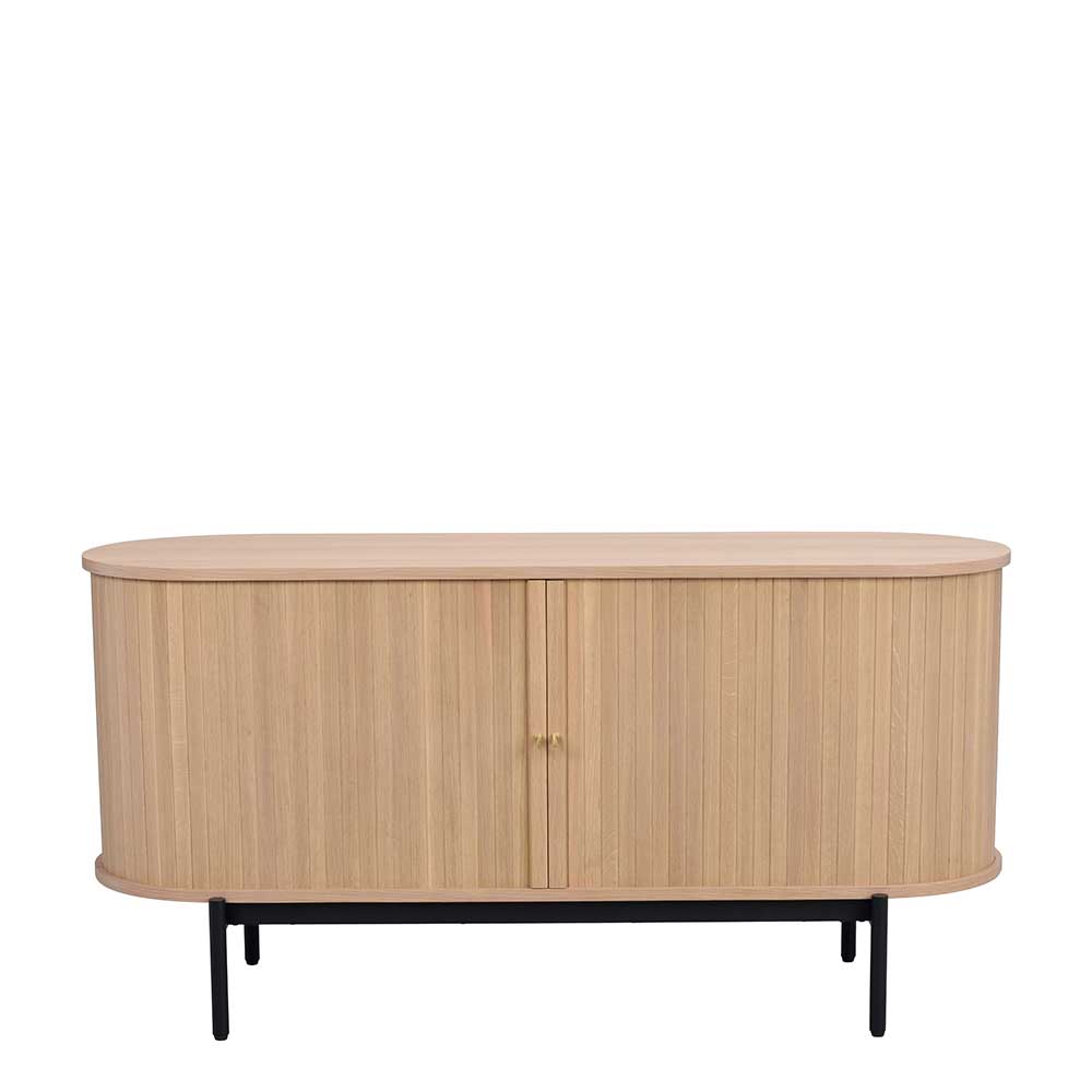 Ovale Kommode aus hellem Holz mit Lamellentüren und schwarzem Metallgestell – Troyes