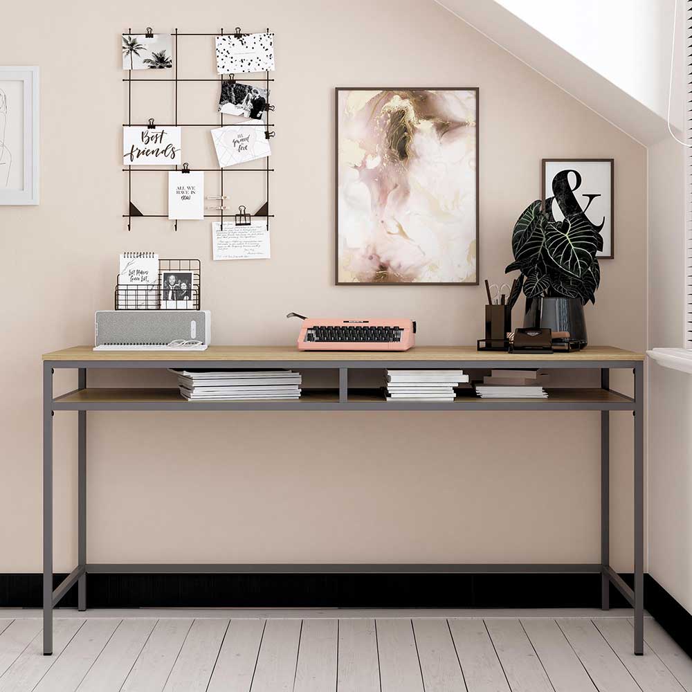 Moderner Schreibtisch in Eiche Optik und Grau mit Metallgestell und Ablageflächen für Home Office – Georgy
