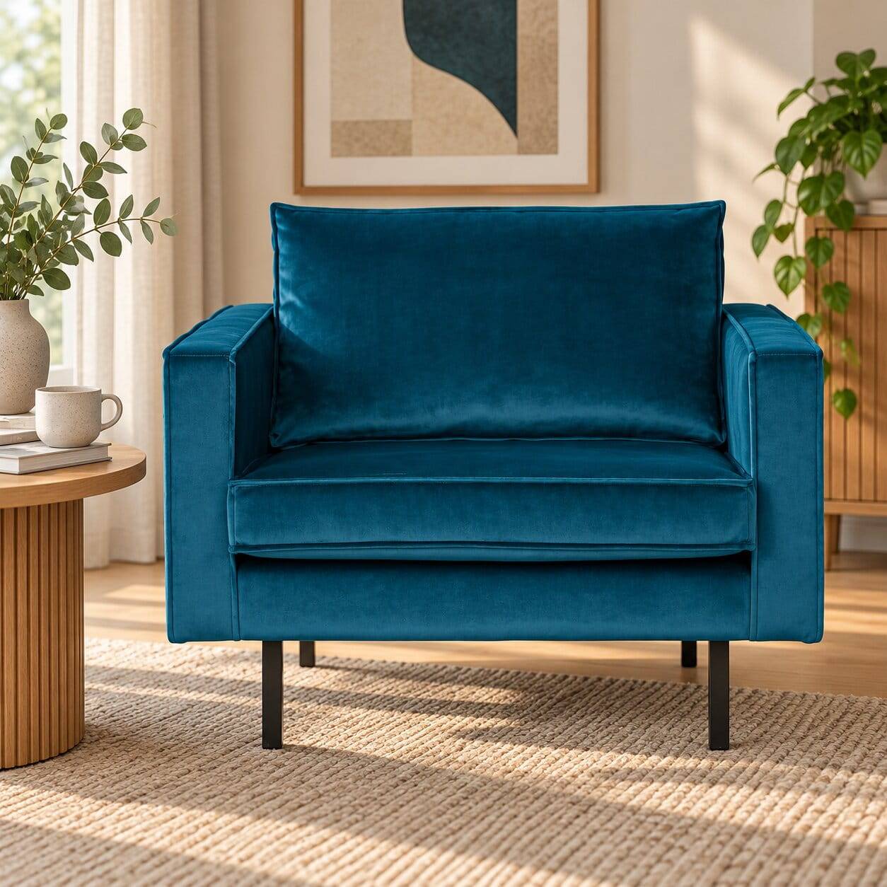 Blauer Samt-Sessel Cumagon im Retrostil