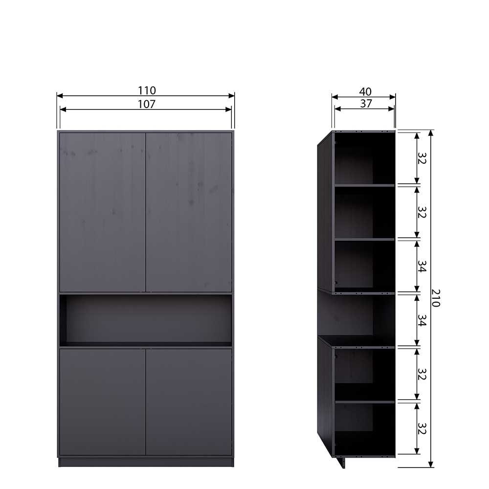 110x210x40 cm Kiefernholz Schrank teilmassiv in Schwarz - Niwidus