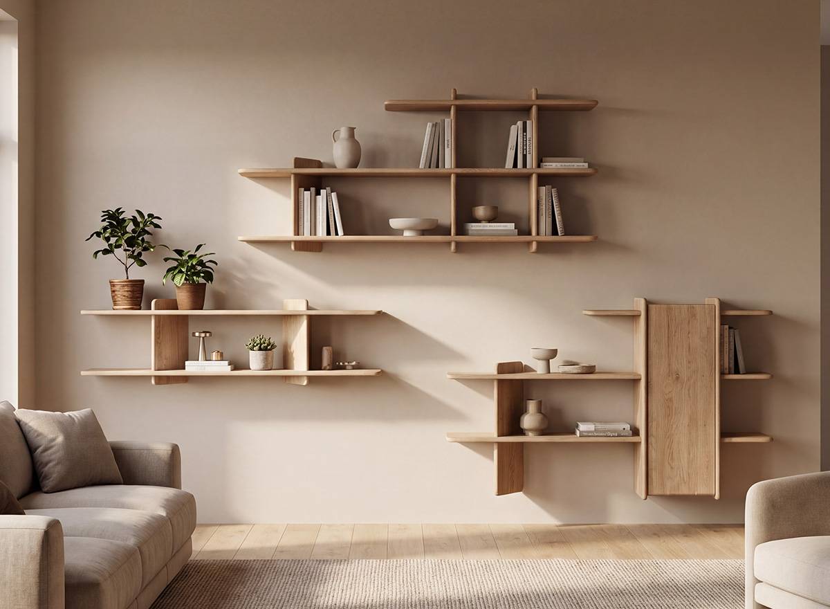 Stilvolles Holzregal mit Tür und Ablagen als Teil eines Regalsystems im modernen Wohnzimmer – Biskaia