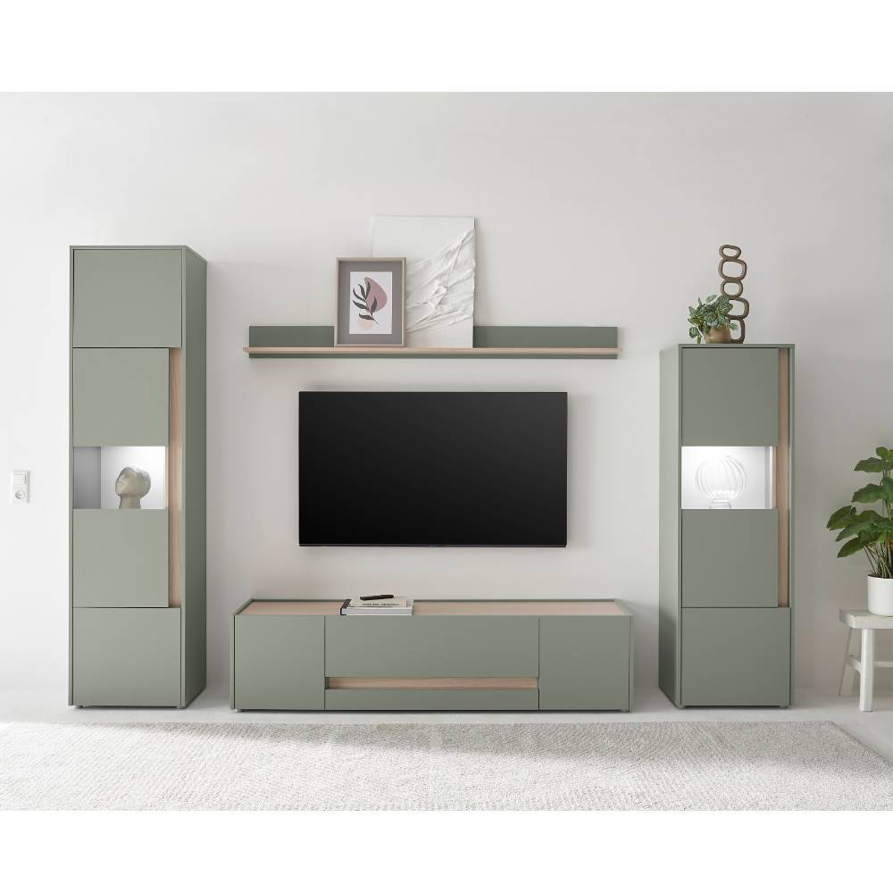 Wohnzimmer Wohnwand Set in Graugrün - Socotta (vierteilig)