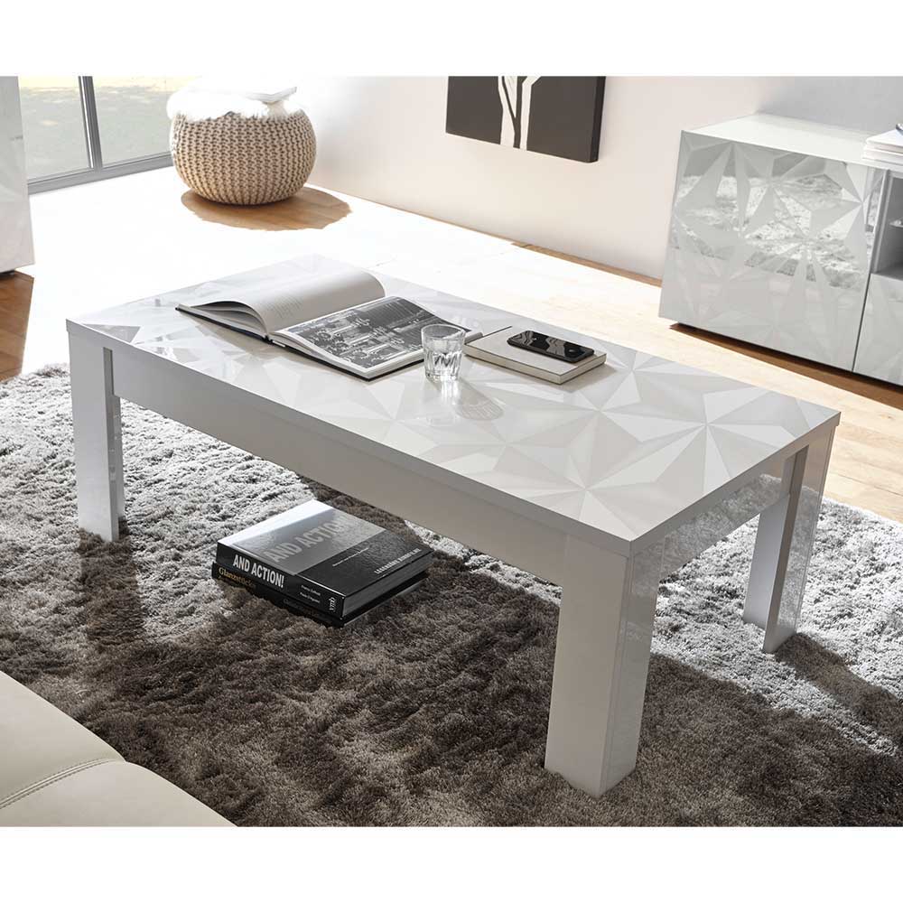 Weißer Hochglanz-Couchtisch mit geometrischem 3D-Muster für das moderne Wohnzimmer – Vovasoma