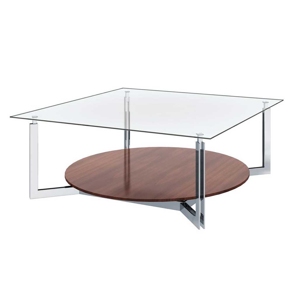 Design Sofatisch mit quadratischer Glasplatte und runder Holzablage – Wambada