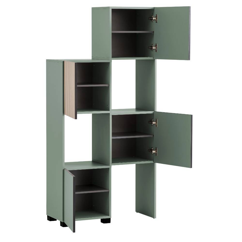 Modulare graugrüne Regalwand mit offener Tür, Holzlamellen-Design und variabler Anordnung – Sianner