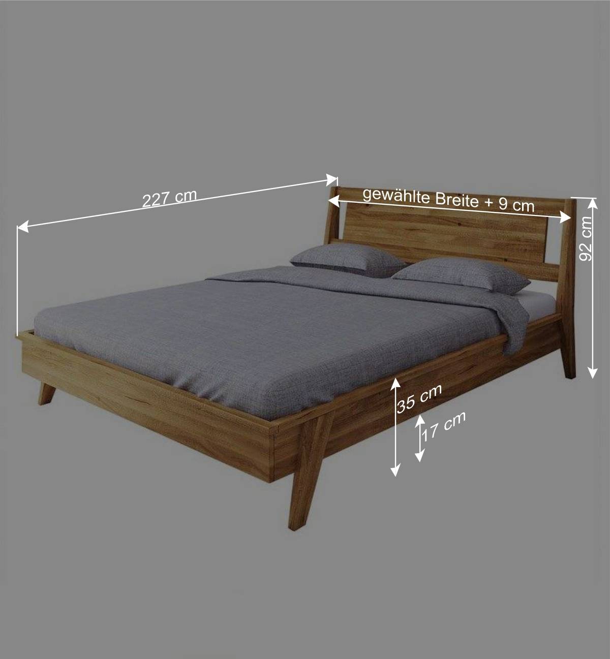 Wildeiche Holz Bett mit Überlänge 220 cm - Hardus (dreiteilig)