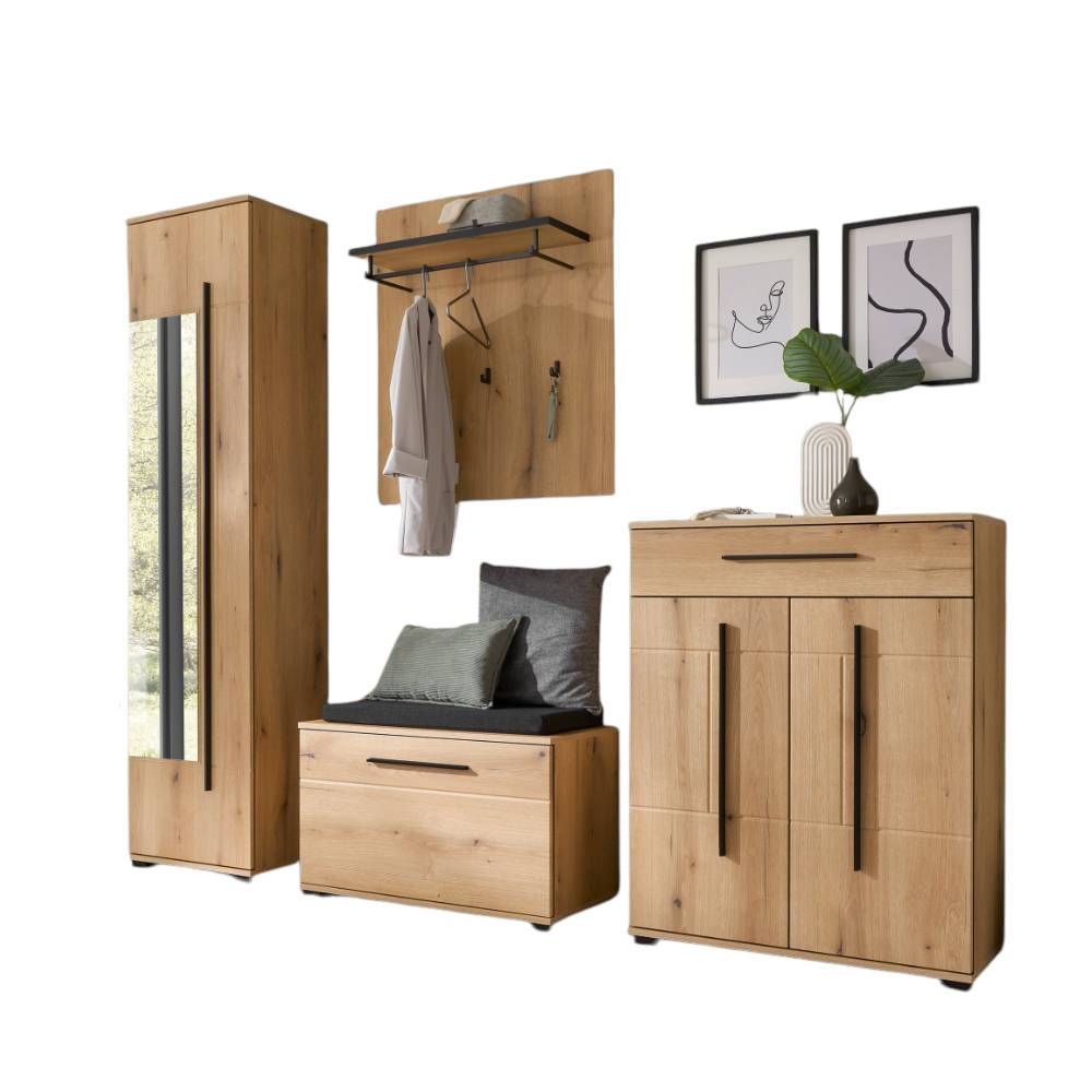 Vierteiliges Flurmöbel-Set aus Eiche mit Spiegelgarderobe, Sitzbank und Schuhschrank – Moviess